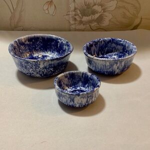 Three (3) Hand Crafted Hand Made Cobalt Blue Sponge Ware Bowls  5.25", 4.25", 3"